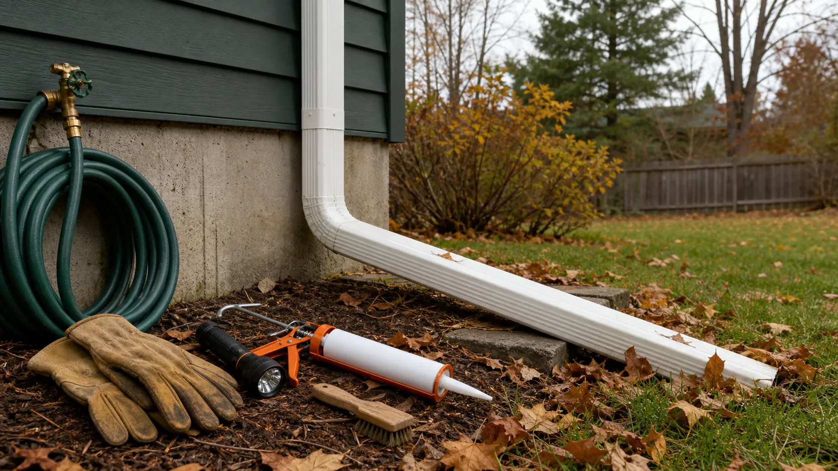 Fall maintenance tools beside a downspout that carries water away from a house foundation