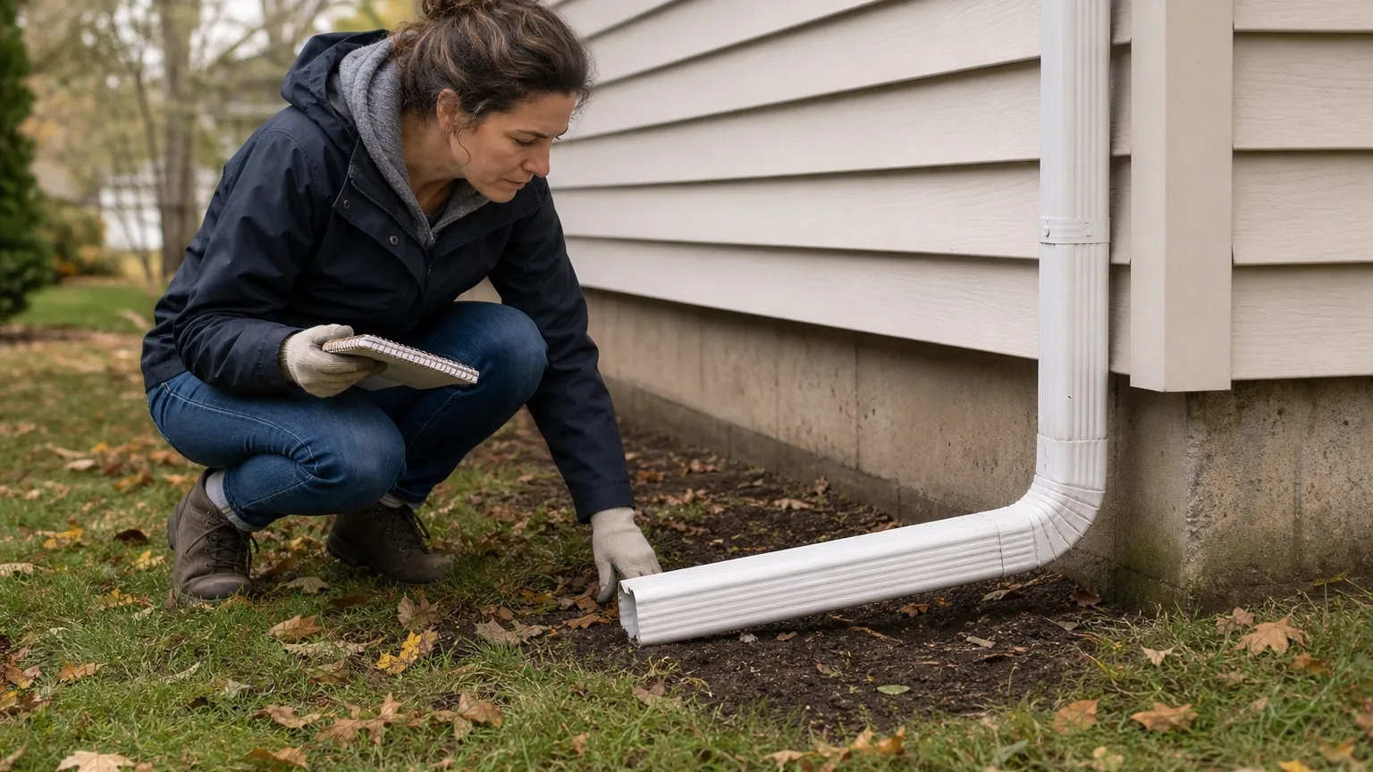 A homeowner checks a downspout extension beside the foundation.