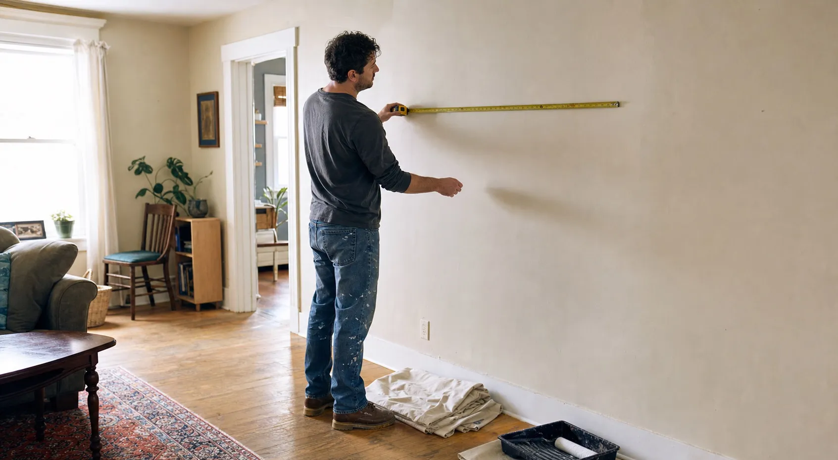 A homeowner measures a wall before opening the paint.