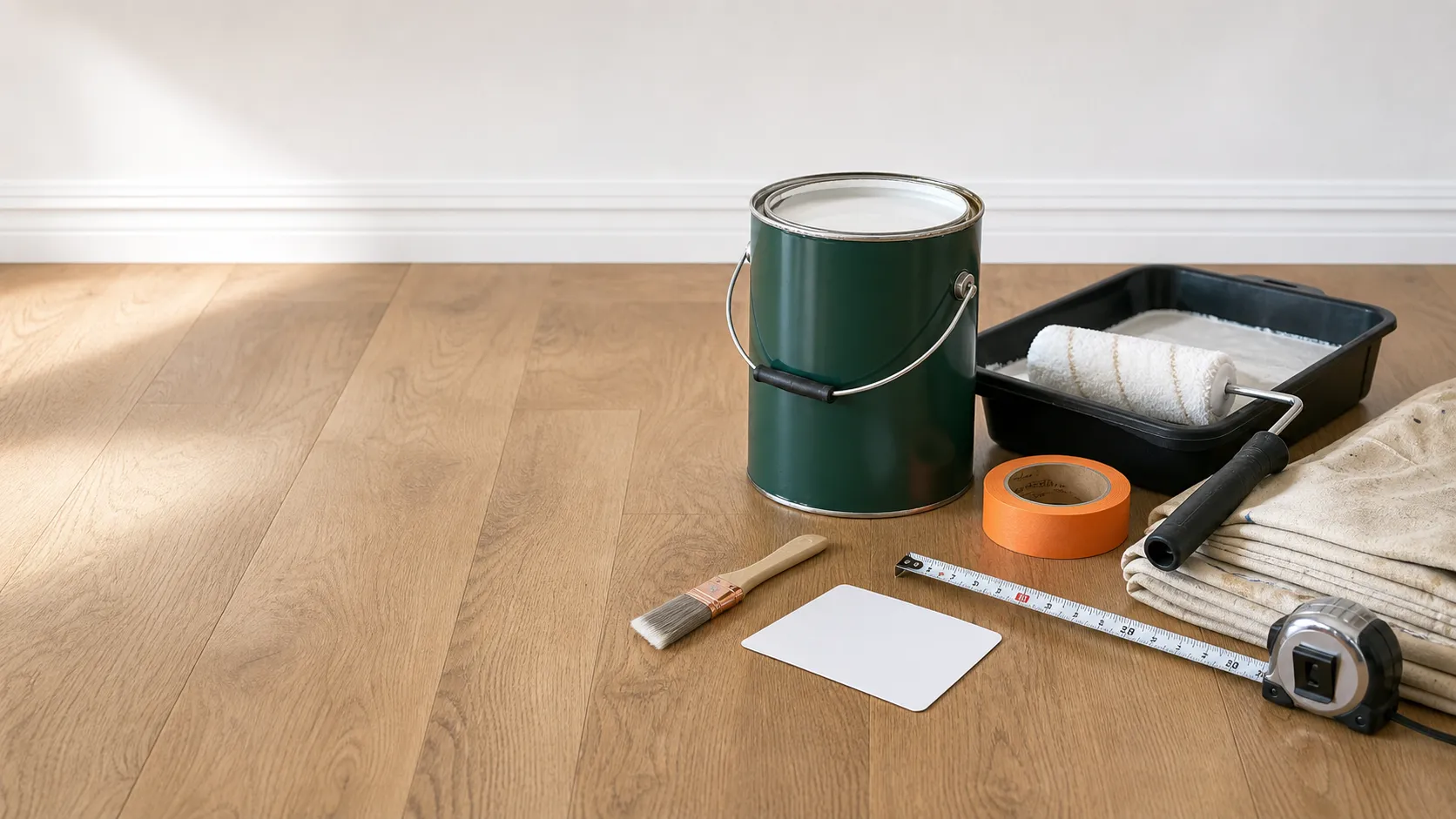 Unbranded paint, a roller, brush, tape, drop cloth, and tape measure arranged beside a blank wall